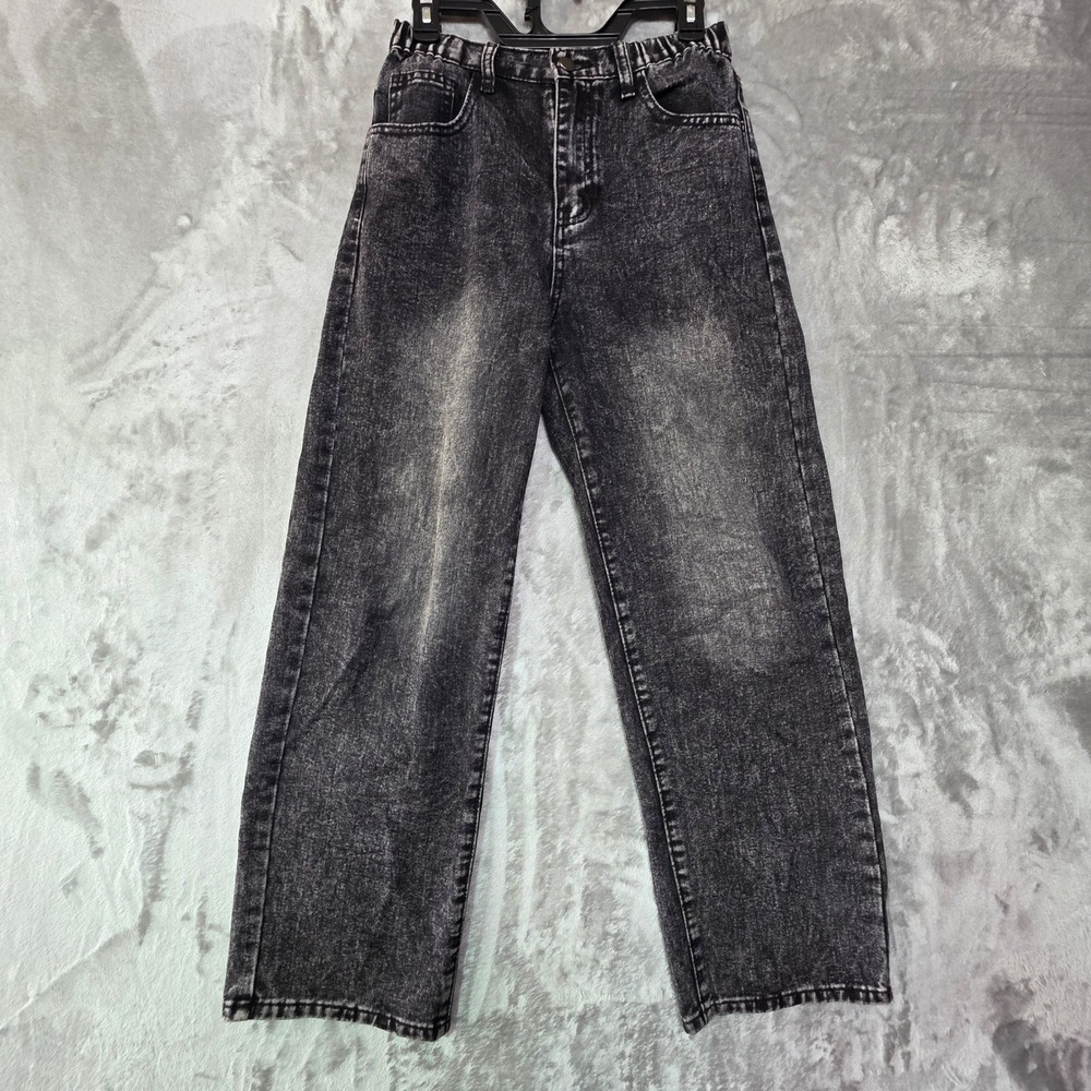 SHEIN Teen Girls Black Acid Wash Wide Leg Jeans Pink Bow Pockets Size 15Y